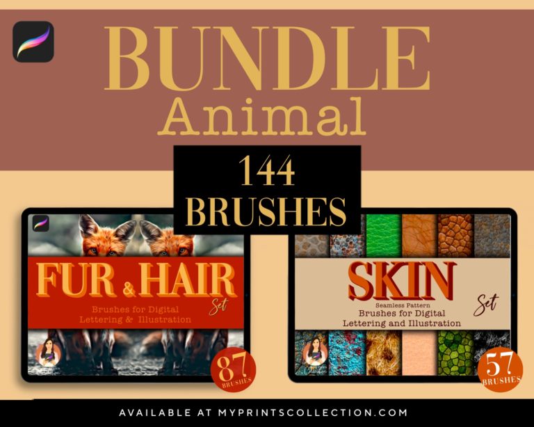 144 Animal Procreate Brush Set Bundle, Fur, Hair, Wolf, Curly, Fox, Grizzly, Bird Feather, Cheetah, Reptile, Human Skin, Frog, Snake, Zebra