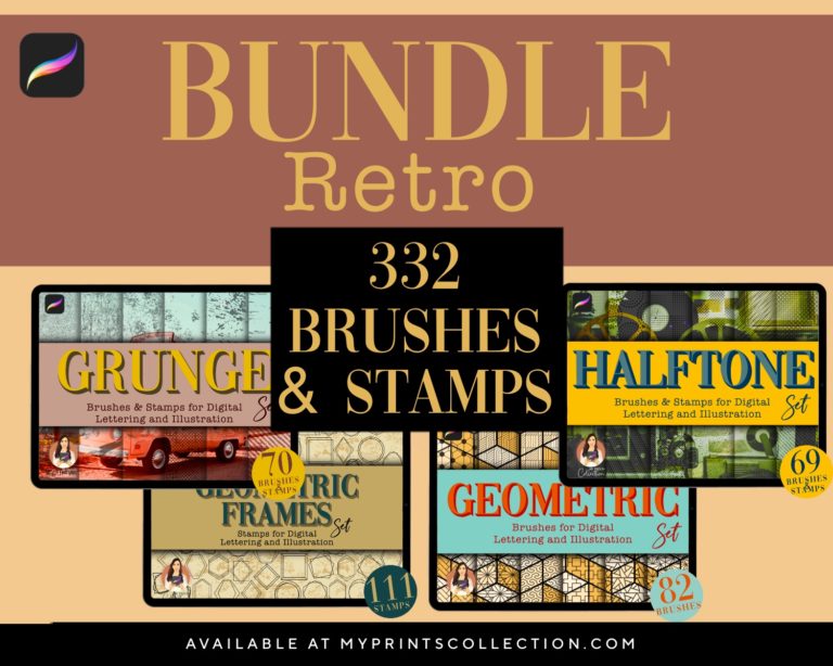 332 Vintage Retro Procreate Brush and Stamps Procreate Set Bundle, Halftone, Grunge, Geometric Frames and Textures, Distressed Stains, Manga